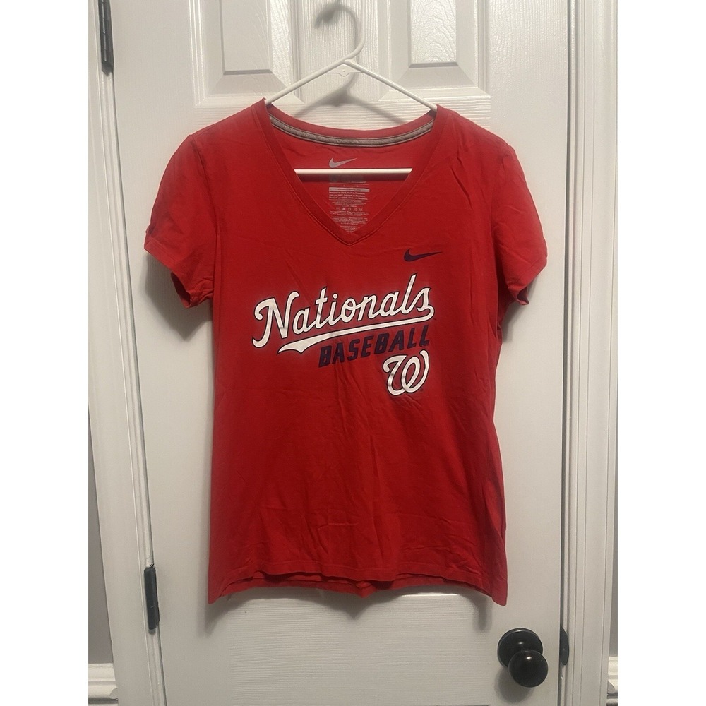 Nike Washington Nationals MLB V Neck Graphic T Shirt Red Women Large Slim Fit